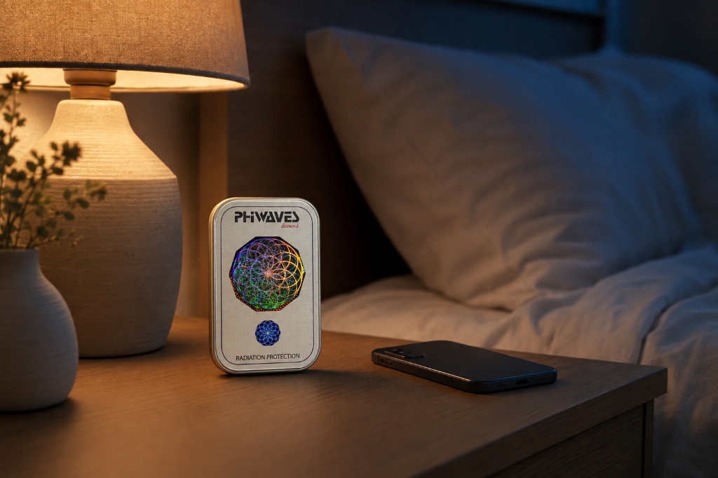 Phiwaves Diamond en velador junto a lámpara y teléfono